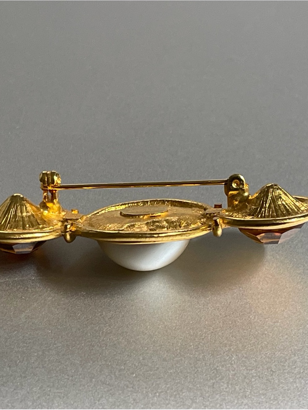 Vintage Dubin Gold Tone , Faux Pearl and Amber Crystal Brooch.